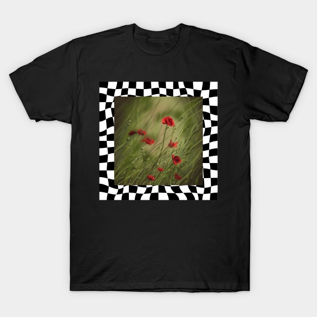 Poppy Field Painting on Checkered Background T-Shirt by missdebi27